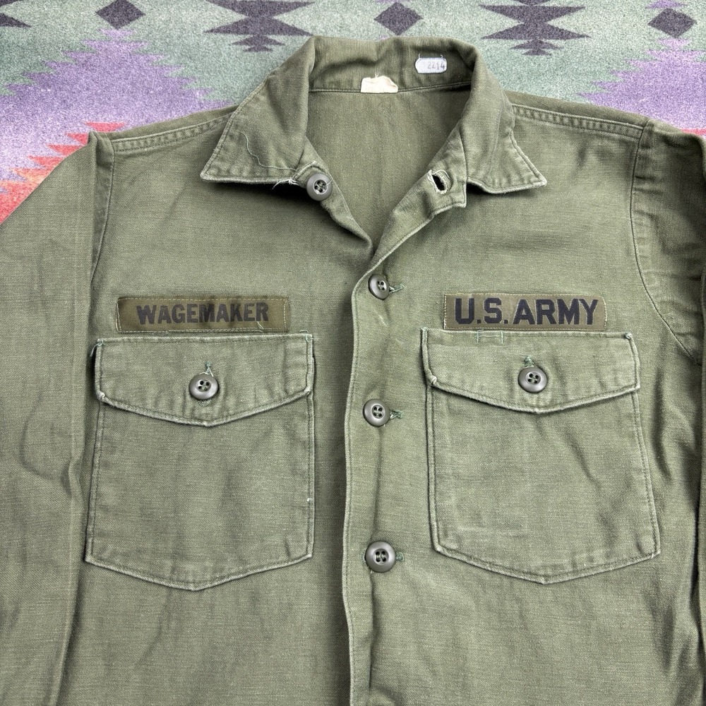Vintage 70s OG-107 Sateen Shirt Men's Medium 15.5x33 Green Army Vietnam Military - Picture 4 of 10